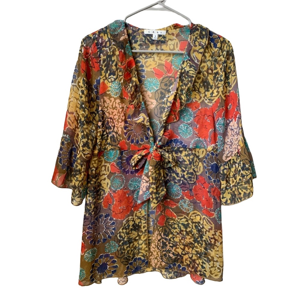 CABI Women’s Sheer Floral Print Tie Front 3/4 Sleeve Cardigan Cover-up